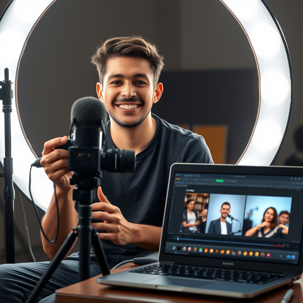 YouTuber filming and editing a video with professional equipment