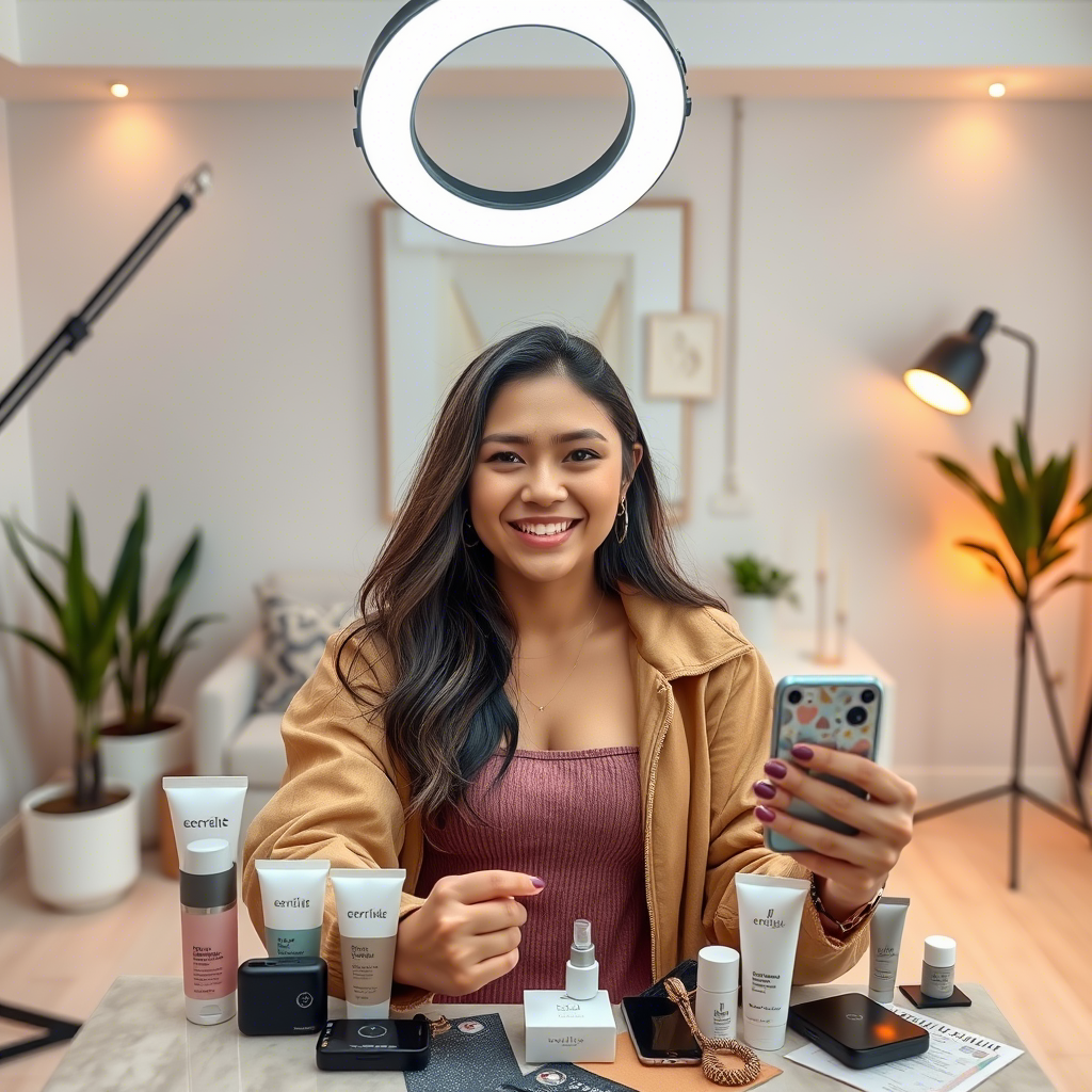 Influencer taking a selfie with ring light and branded products