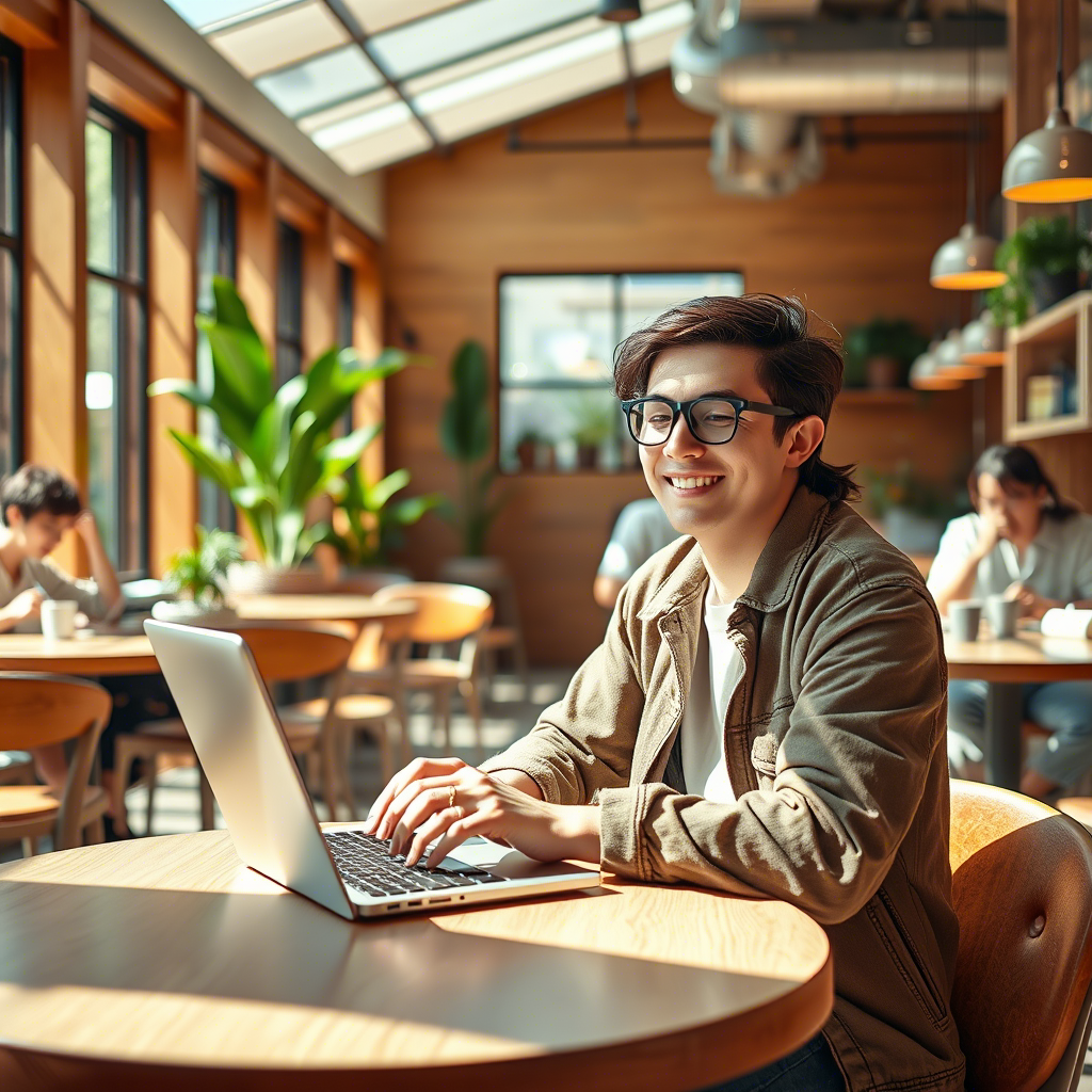 Gen Z earning passive income at a coffee shop with Massive Passive Profits Software