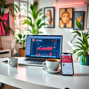 Influencer workspace with laptop, coffee, and smartphone showing social media stats
