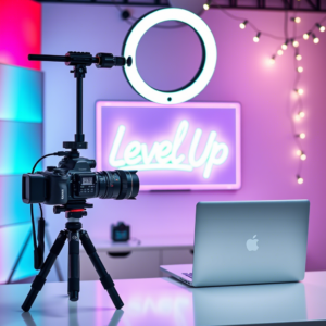 Modern YouTube studio setup with camera, ring light, and laptop